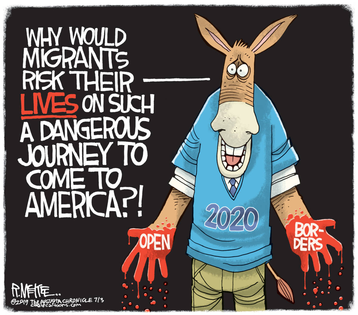 Democrats Open Borders, Rick McKee, Democrats, 2020, open borders, illegal immigration, Mexico,
