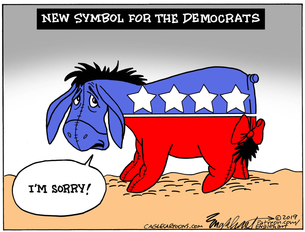New Dem Symbol, Bob Englehart, Democrats,Donkey,Symbol,Republican Elephant,Eeyore,Apologize,Im sorry,Liz Warren,Joe Biden,Democrat Debates,Dems,Democratic