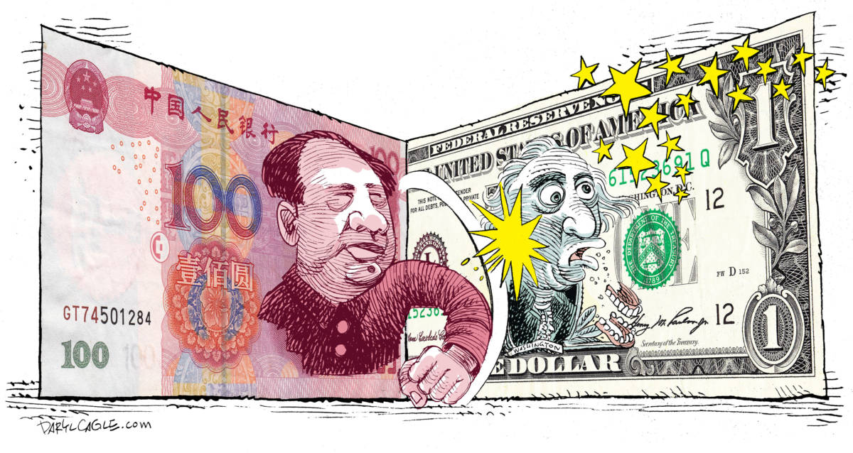 China vs USA Currency War Repost, Daryl Cagle, China,Yuan,Renmimbi,Dollar,Mao Tse Tung,George Washington,currency war,devalue,devaluation,trade war