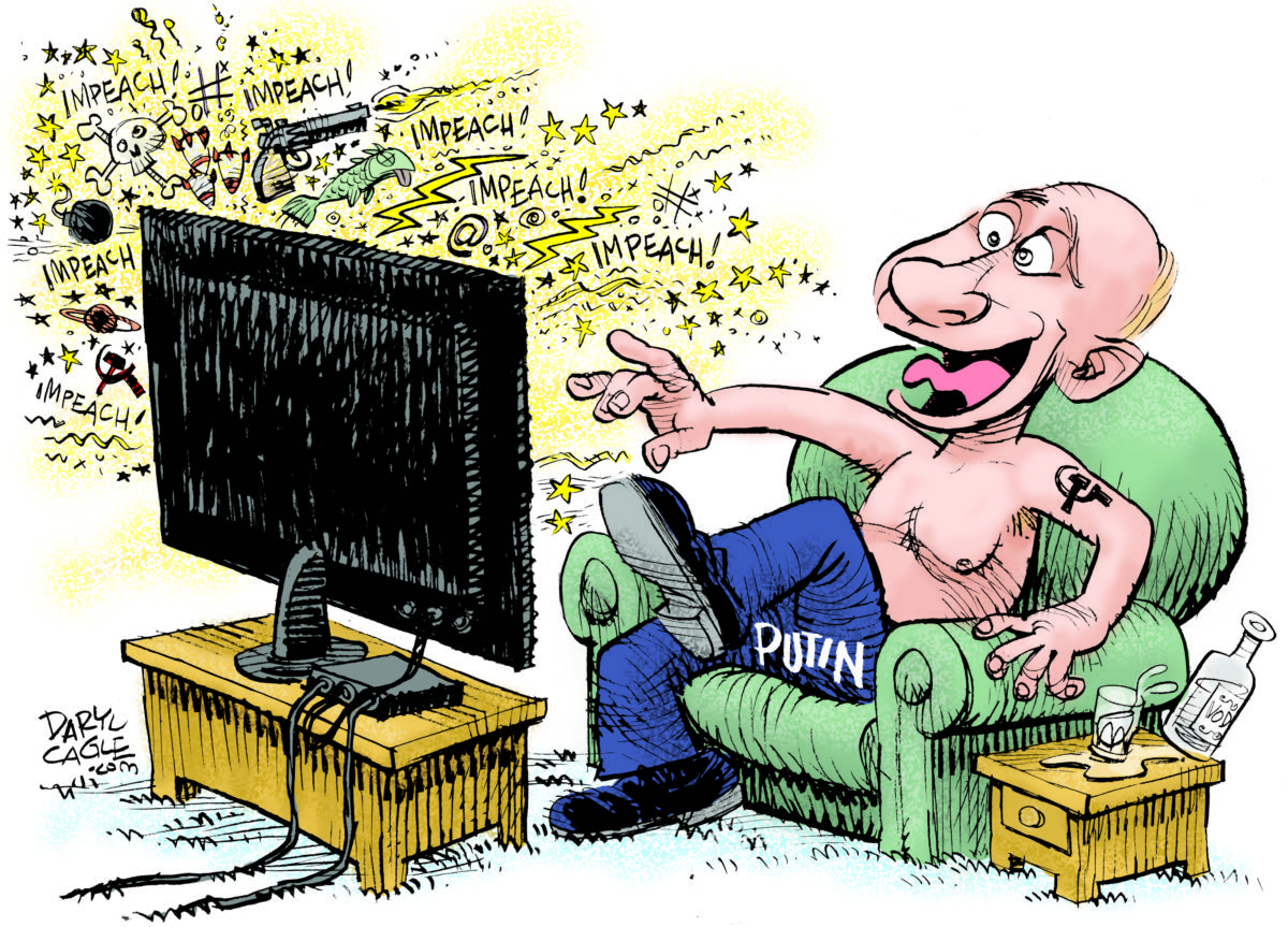 Putin Enjoys Impeachment Rancor, Daryl Cagle, Vladimir Putin,Impeach,impeachment,congress,Nancy Pelosi,TV,television,news,Donald Trump,Ukraine,Bribery,Biden,donald-trump-2020,whistleblower-2019