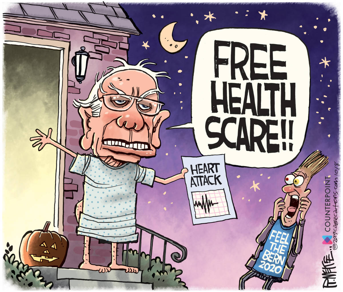 Free Health Scare, Rick McKee, Bernie,Sanders,2020,health care,medicare,socialized,medicine,heart attack