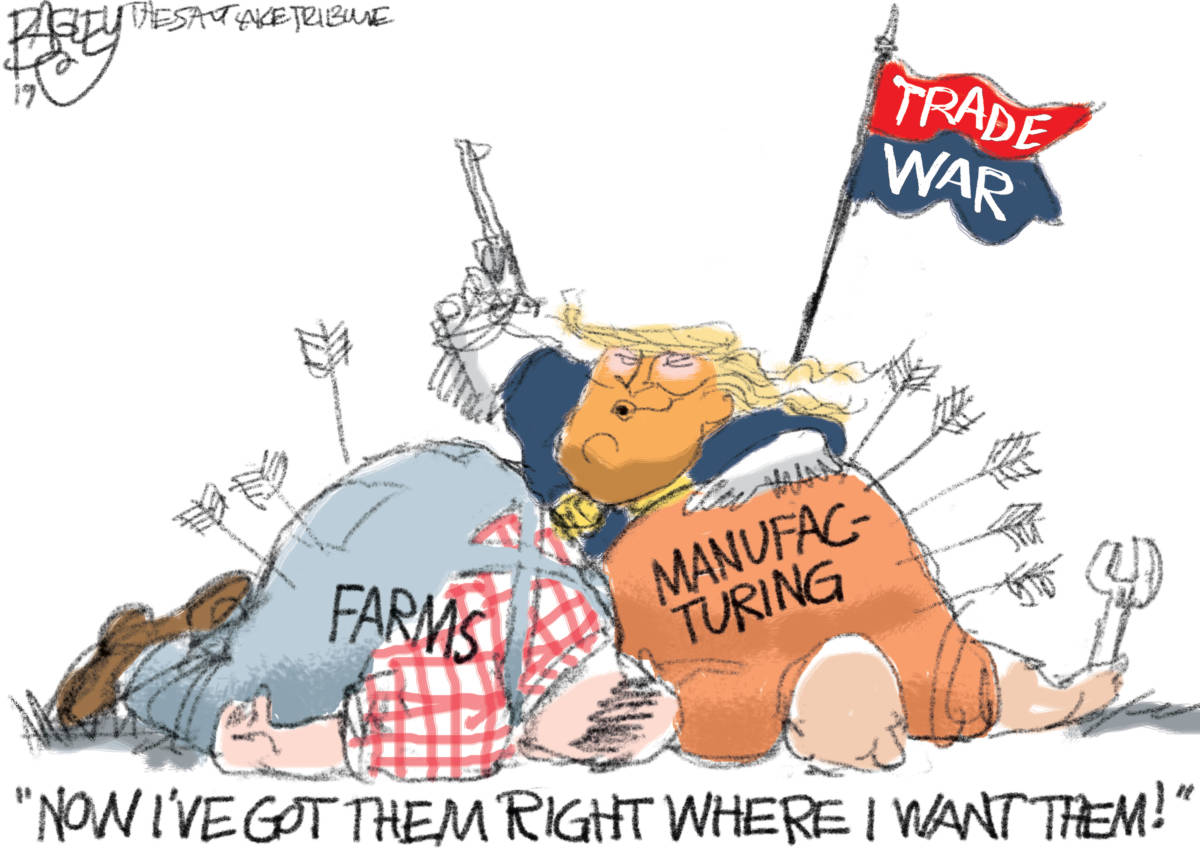 Trade Massacre, Pat Bagley, Trade war, China, Trump, trade agreement, trade, economy, farms, manufacturing, labor, farmers, workers, deficit, Republicans, farm aid, trade policy, GOP, free trade