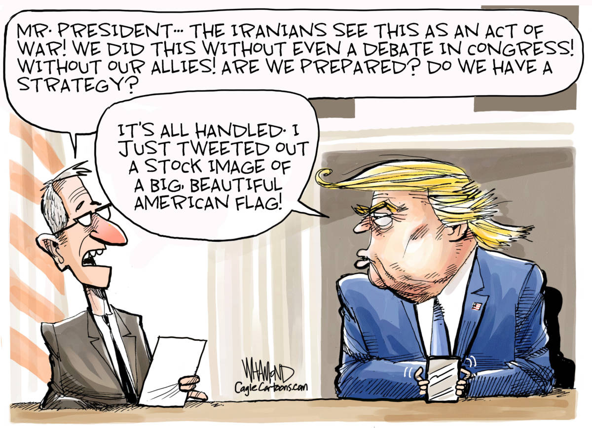 US strike angers Iran by Dave Whamond, Canada, PoliticalCartoons.com