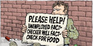 Editorial Cartoon: Fact Checker On Sidewalk Begging Fact Checker On Sidewalk Begging - By Monte Wolverton