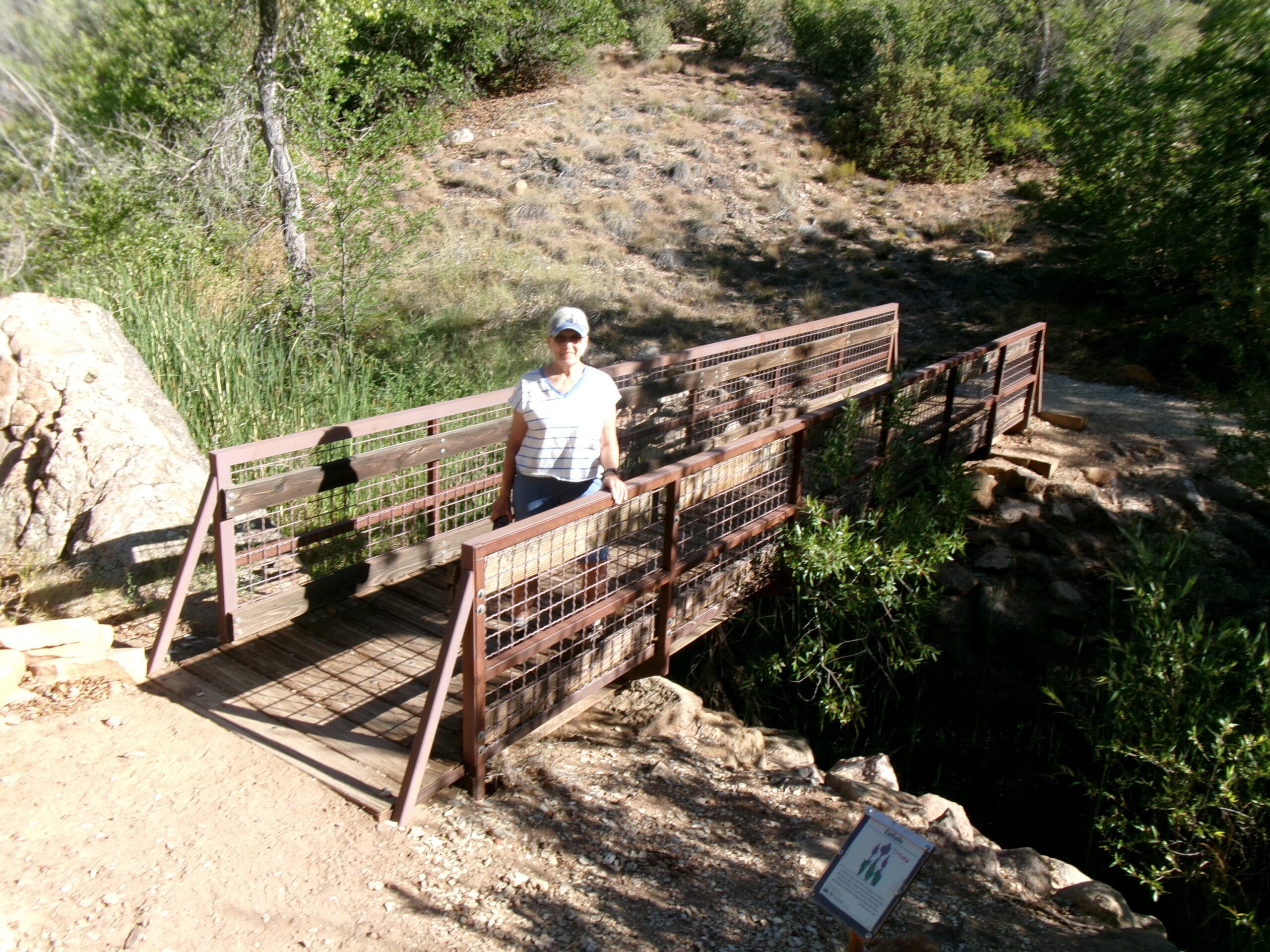 Deb on footbridge, Leeds Creek Kiln Trail, Dixie National Forest, July 2026 - Photo by Tom Garrison